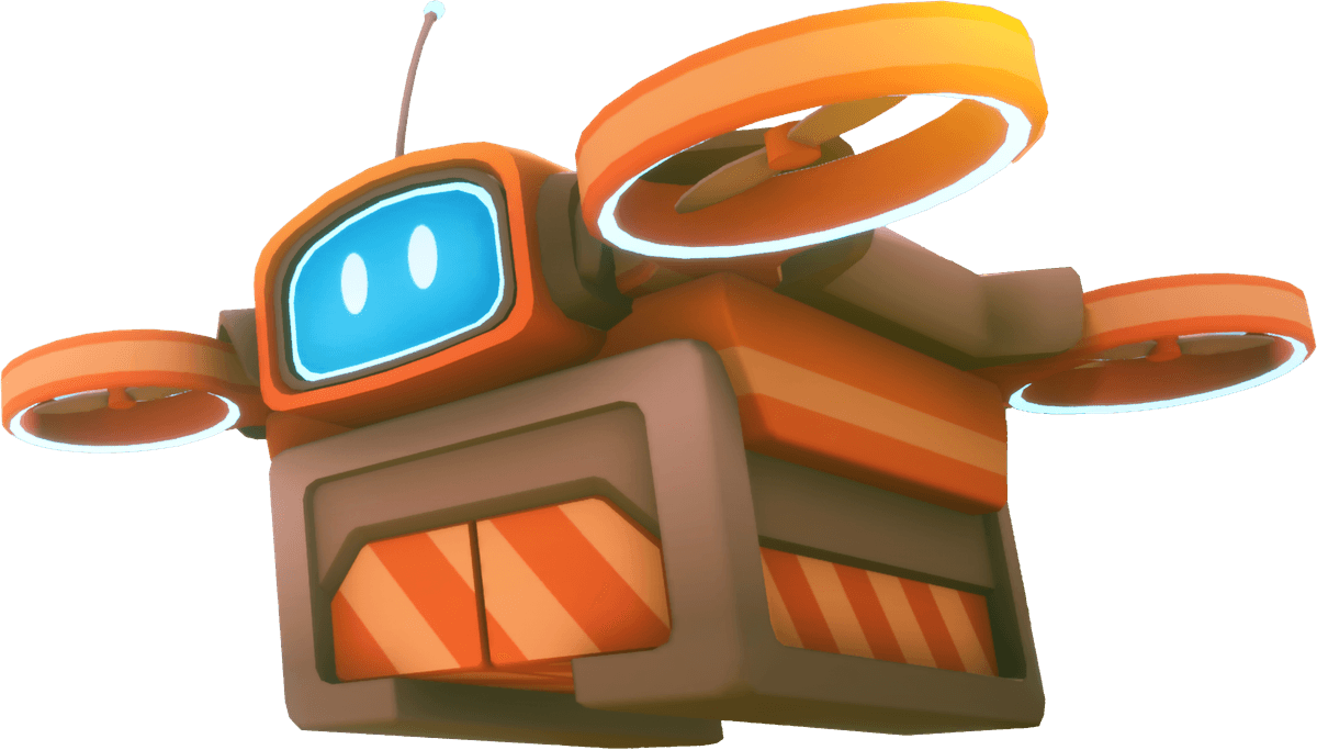 The Solarpunk companion drone - orange body with a friendly blue-eyed screen