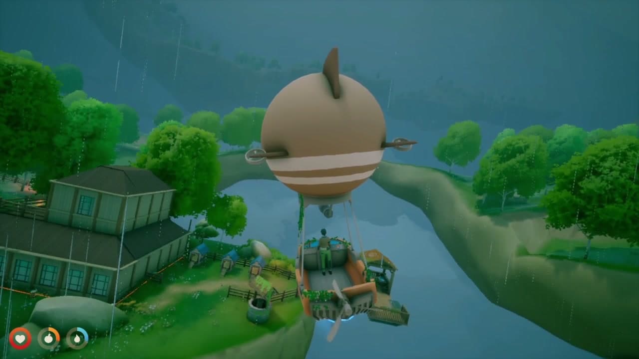 The airship in flight, viewed from behind, with floating islands